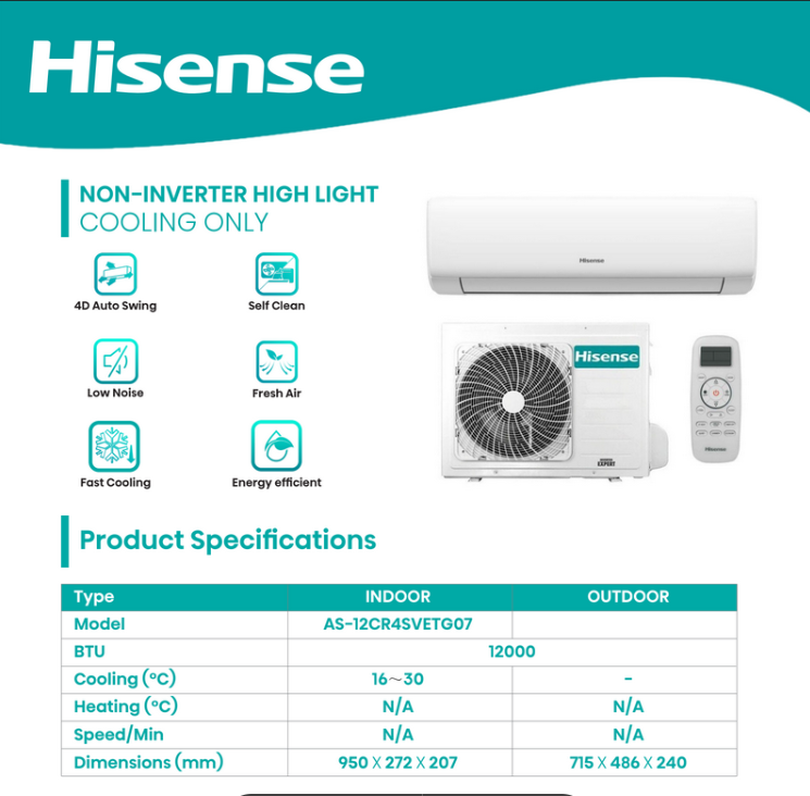 Hisense Air Conditioner 12000BTU AS-12CR4SVETG07