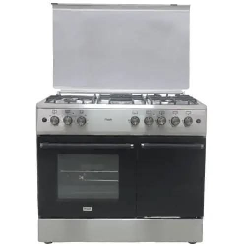 MIKA STANDING COOKER MST9041WEG6HI 90CM X 60 CM 4 Gas Pool Jet Burners (1 Wok) + 1Hot Plate GAS CYLINDER CABINET,Mirror Black Hob, Silver Body