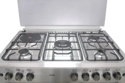 MIKA STANDING COOKER MST9041WEG6HI 90CM X 60 CM 4 Gas Pool Jet Burners (1 Wok) + 1Hot Plate GAS CYLINDER CABINET,Mirror Black Hob, Silver Body - Image 4