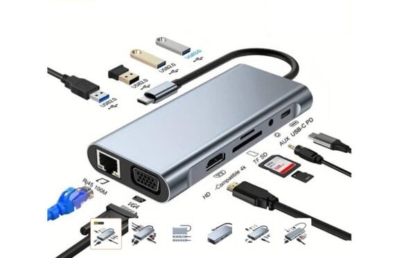 USB Type C to HDMI, 3 USB, VGA, SD, TF, AUDIO, LAN (12 in 1) Adapter