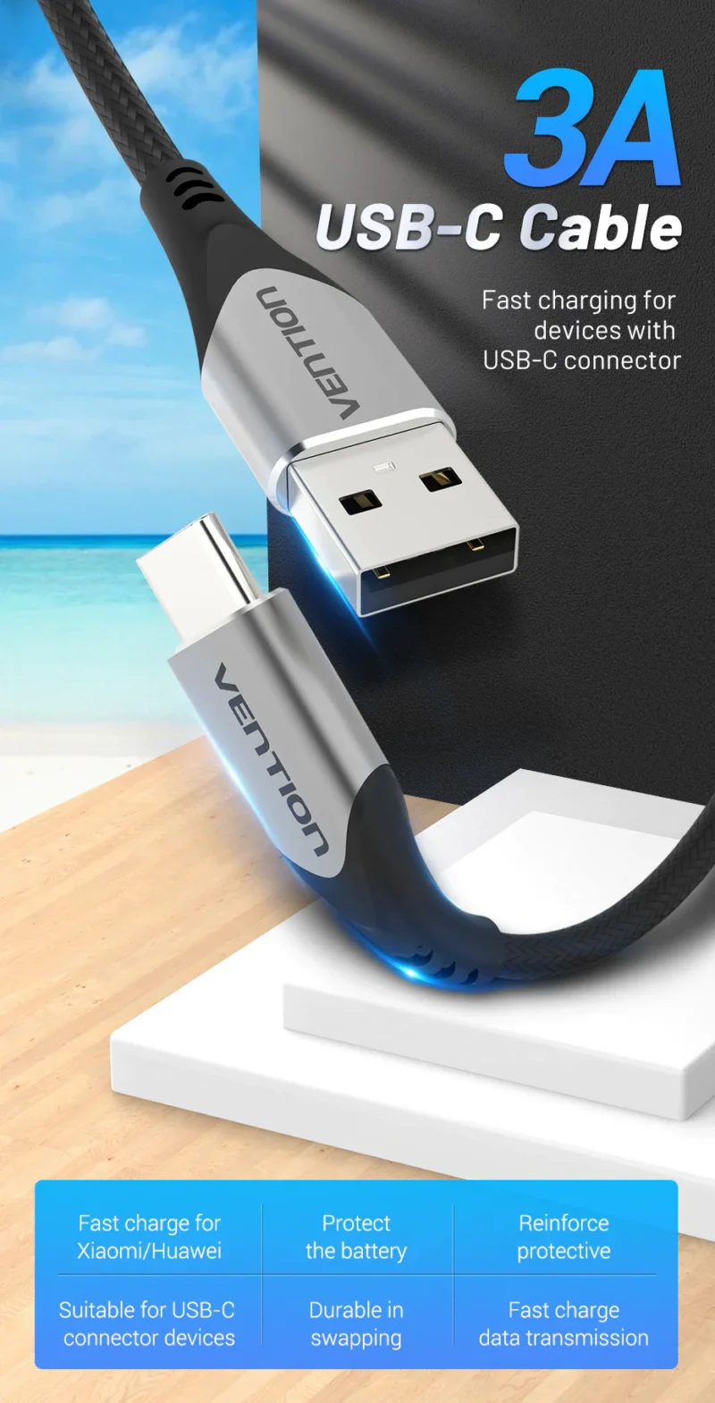 Vention Cotton Braided USB 2.0 A Male to Type C Male 3A Fast Charging and Data Transfer Cable 1M
