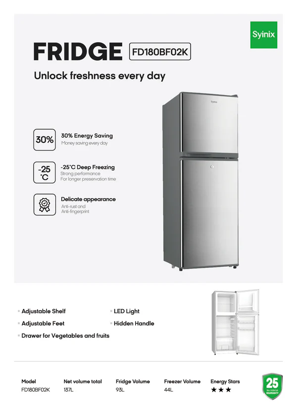 Synix Fridge 137L Double Door– 3-Star Energy Efficient - Image 2