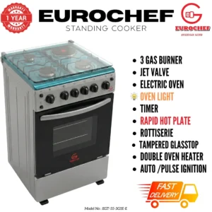Eurochef 3G1E+E OVEN Free Stand Glass Top Cooker,rotisserie Silver, 60L -EG55